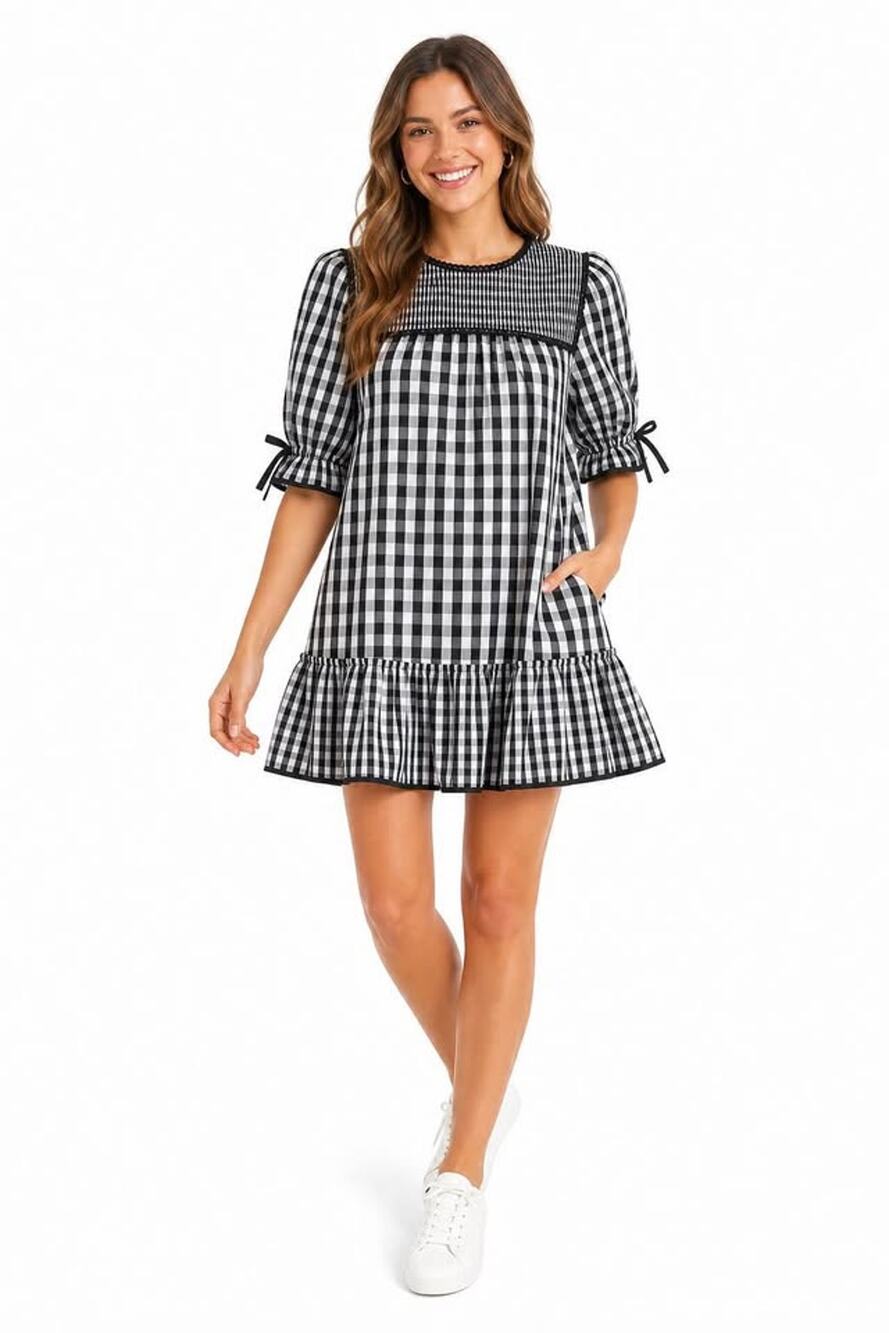 TCEC Women’s Small Black White Plaid Gingham Smocked Lace Tent Mini Dress